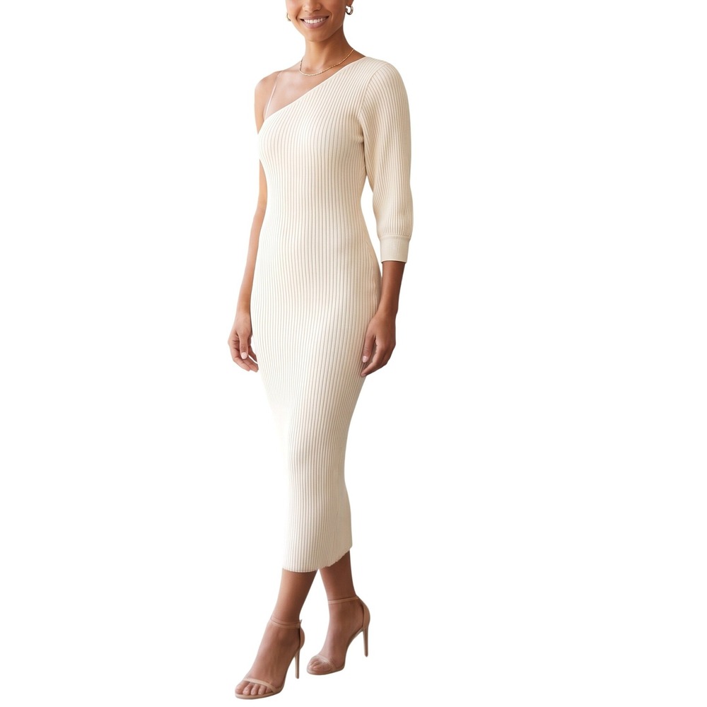 Zara One Shoulder Midi Dress Size L Cream Ribbed Jersey Knit Stretch Minimalist